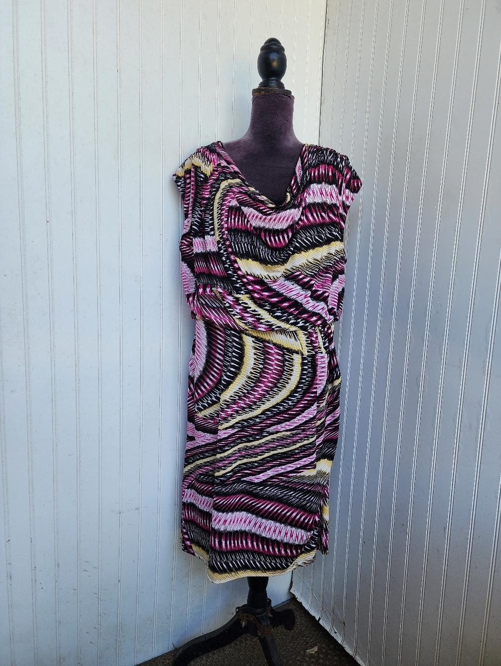 ALFANI Sleeveless 'Wavy Ikat' Stretch Plunge Neck Drape Dress Purple Black 18W